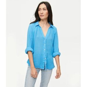Michael Stars Blue Gauze Shirt Button Down Collared Long Sleeve Raw Hem Size S
